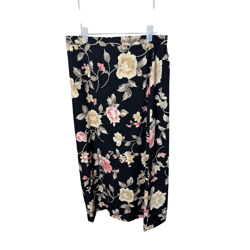AGB Byer California Womens Small Black Pink Floral Maxi Skirt Elastic Back Slit